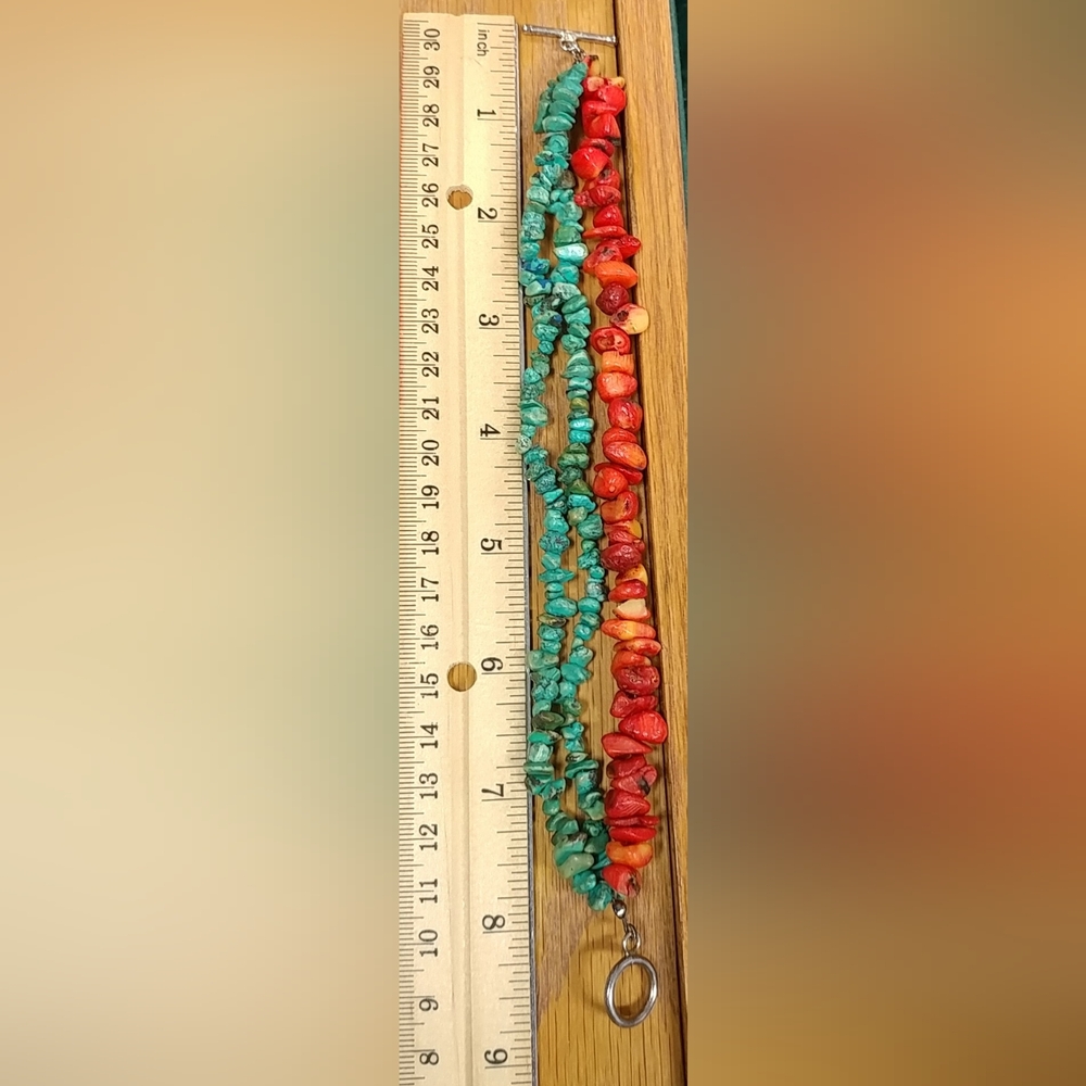Turquoise Chip & Coral Bracelet 3 Strand 925 Sterling Silver 8" Long - Picture 7 of 16